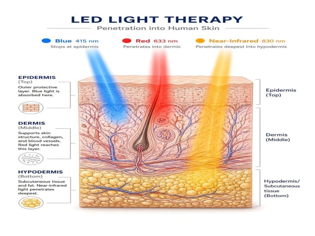 LED light therapy wavelength and skin depth diagram